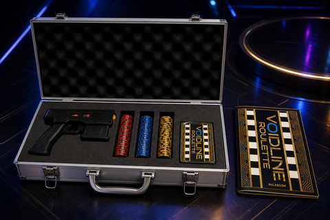 Deluxe edition case with blaster, chips, cards, and rulebook